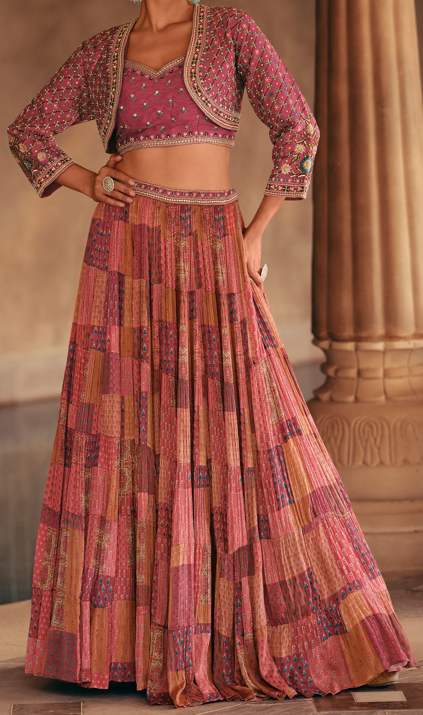 Designer Purple lehenga with detailed embroidery Shrug on chinon silk