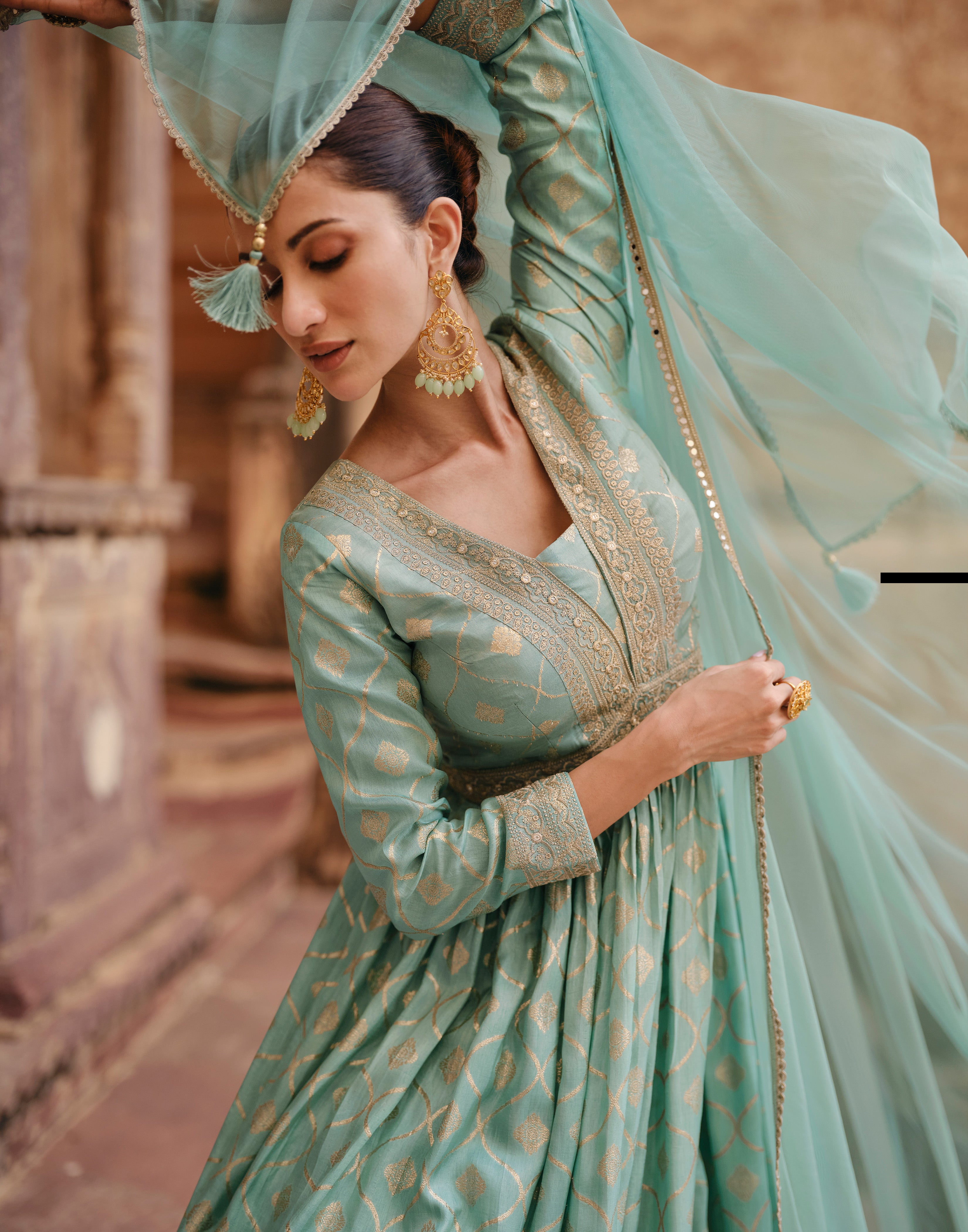 Designer Light Blue Pure Viscose jaquard silk dress with detailed front and back embroidery