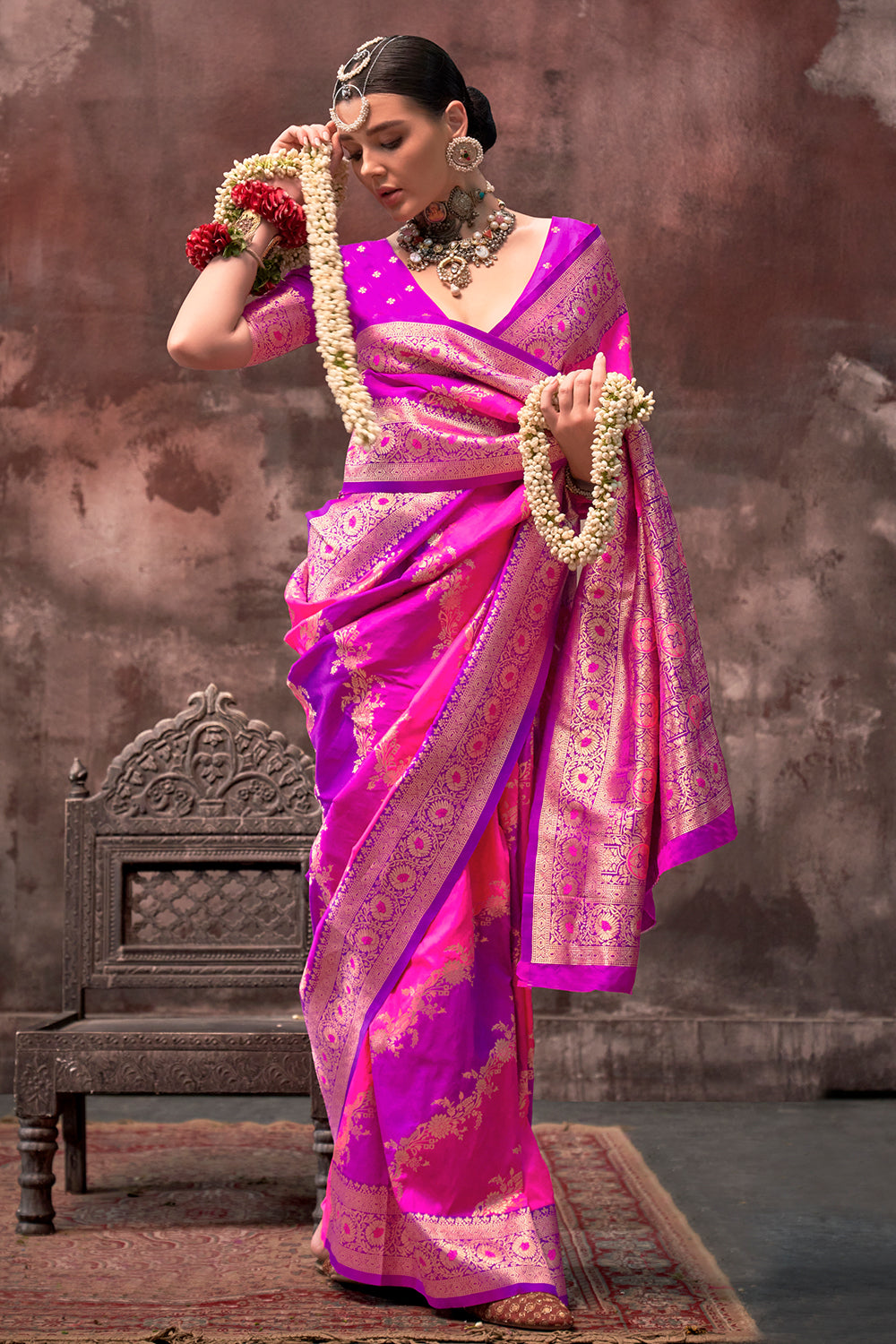 Dark Pink shaded leheriya silk saree with handloom weaving saree | Shaded leheriya style Saree