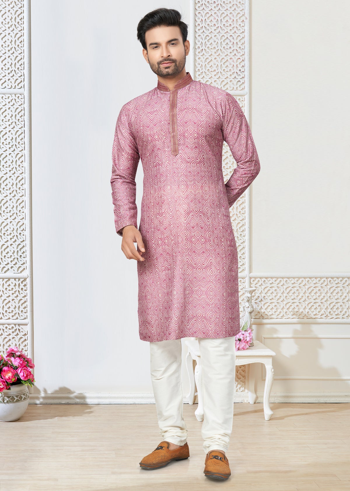 Contrasting indian aspiring Printed khakhi on jacquard silk Mens kurta for wedding and other occasion comes with pajama