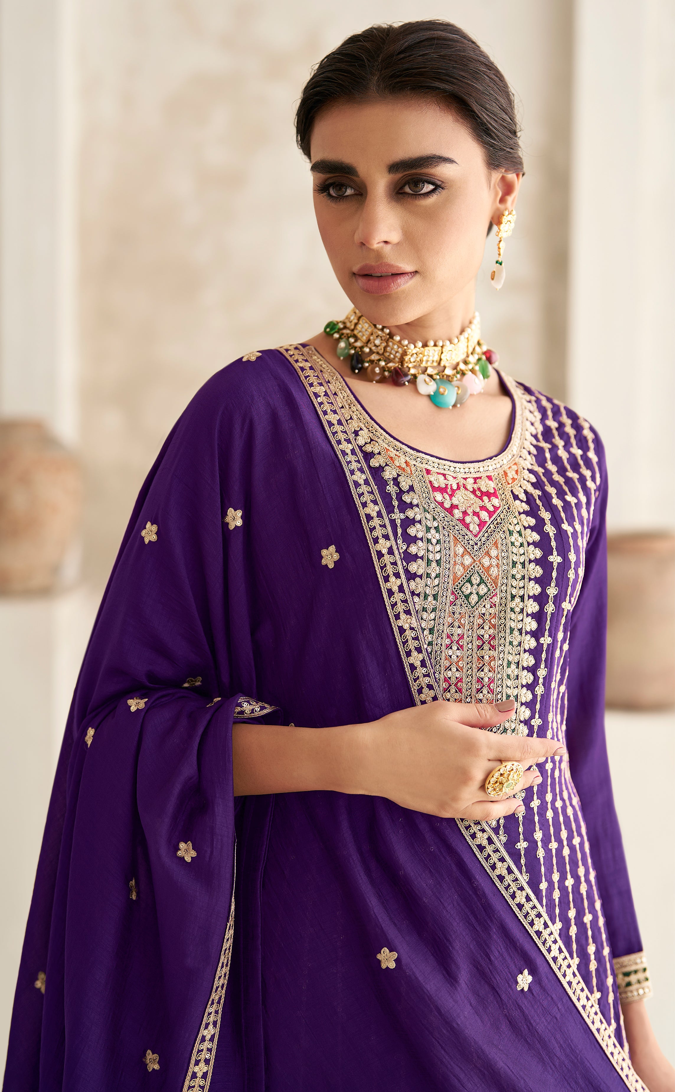 Exclusive Purple Pure Silk Designer Flared Salwar Suit with Detailed Embroidery | Salwar Kameez | Designer Dress