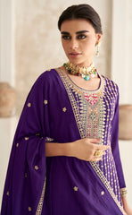 Exclusive Purple Pure Silk Designer Flared Salwar Suit with Detailed Embroidery | Salwar Kameez | Designer Dress