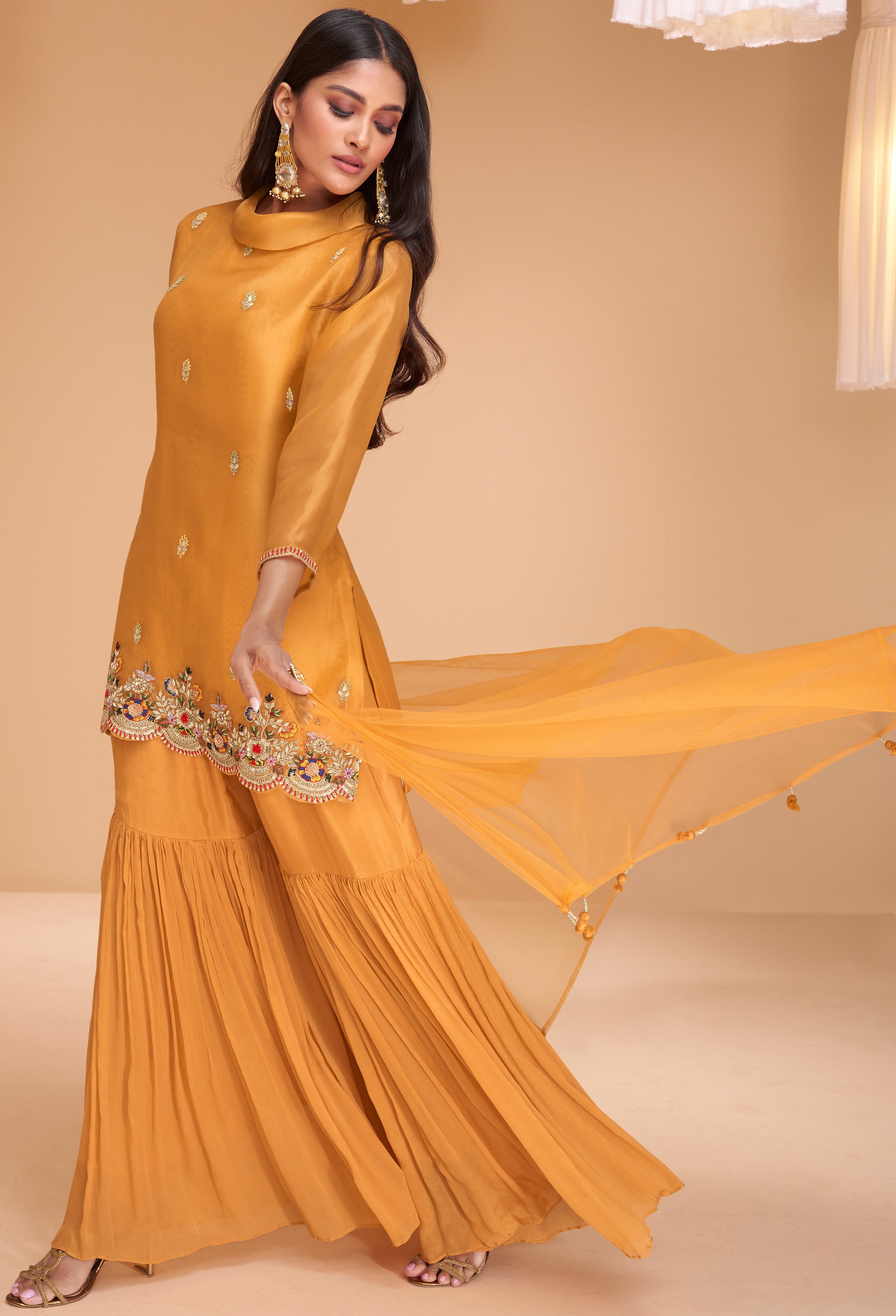 Yellow Rich Pure organza silk dress with net duppata and minimul work