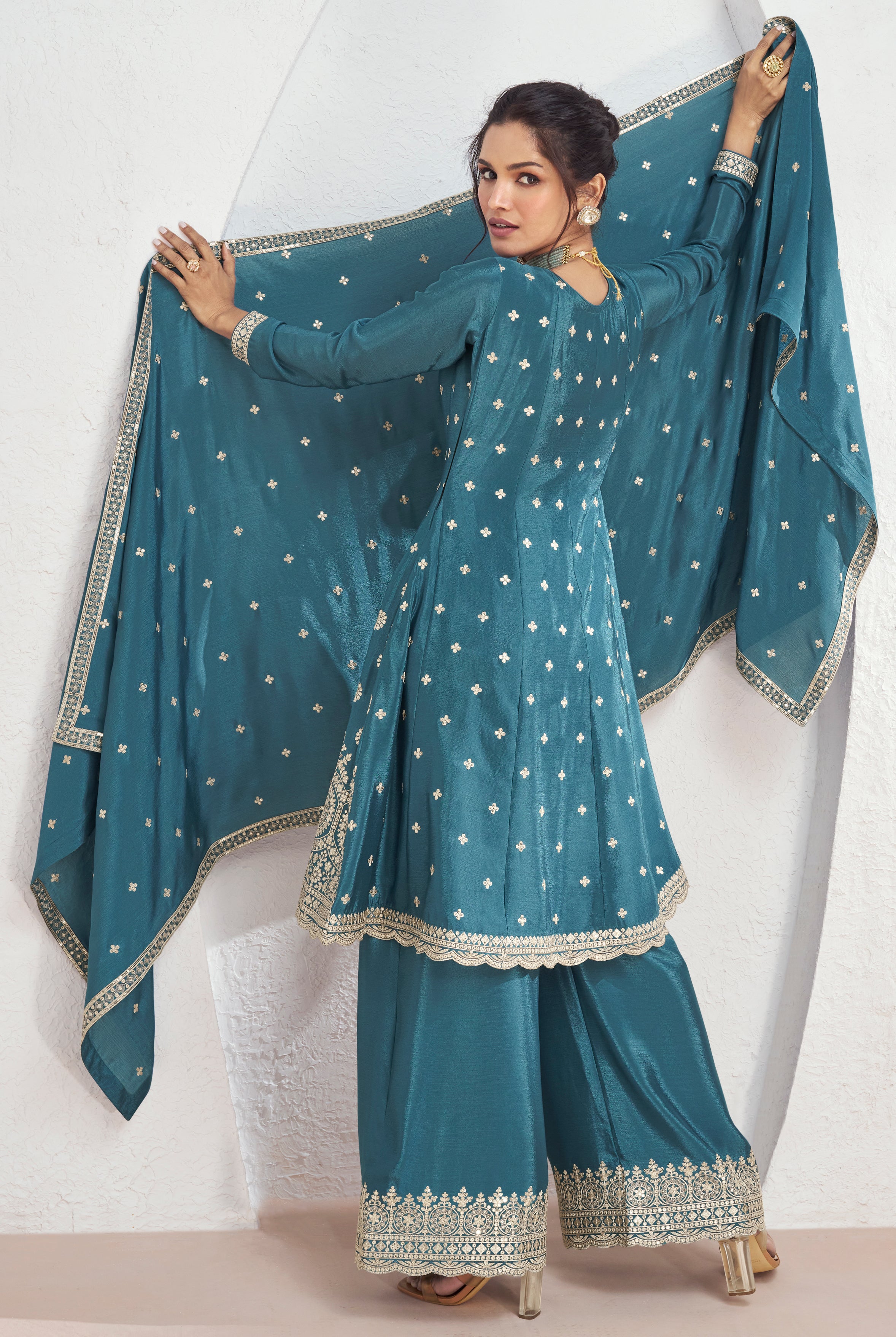 Premium Chinon silk designer Blue shaded dress with detailed embroidery and work