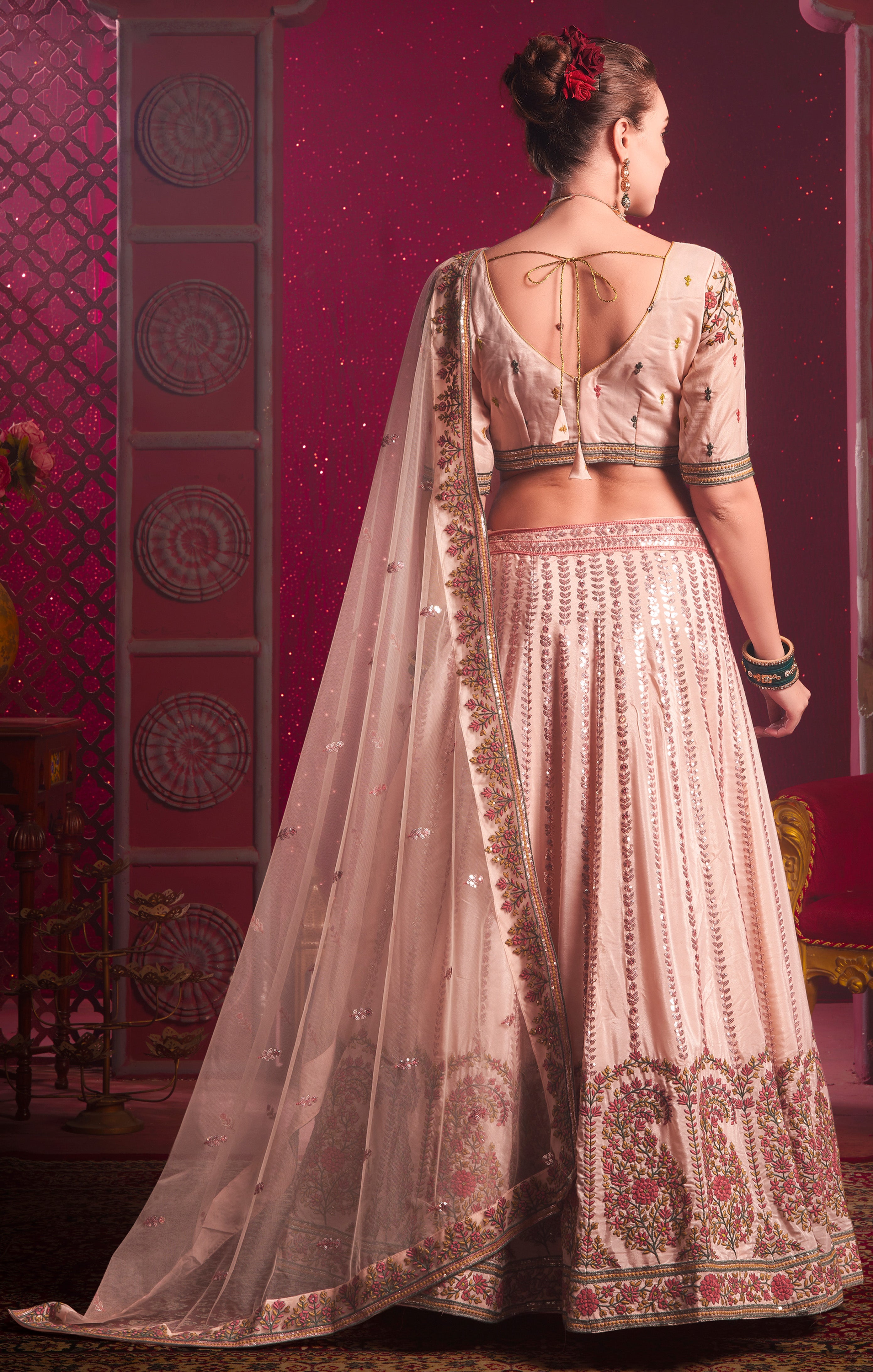 Designer exclusive light pink shaded lehenga on silk with Sequence & Thread Embroidery Work