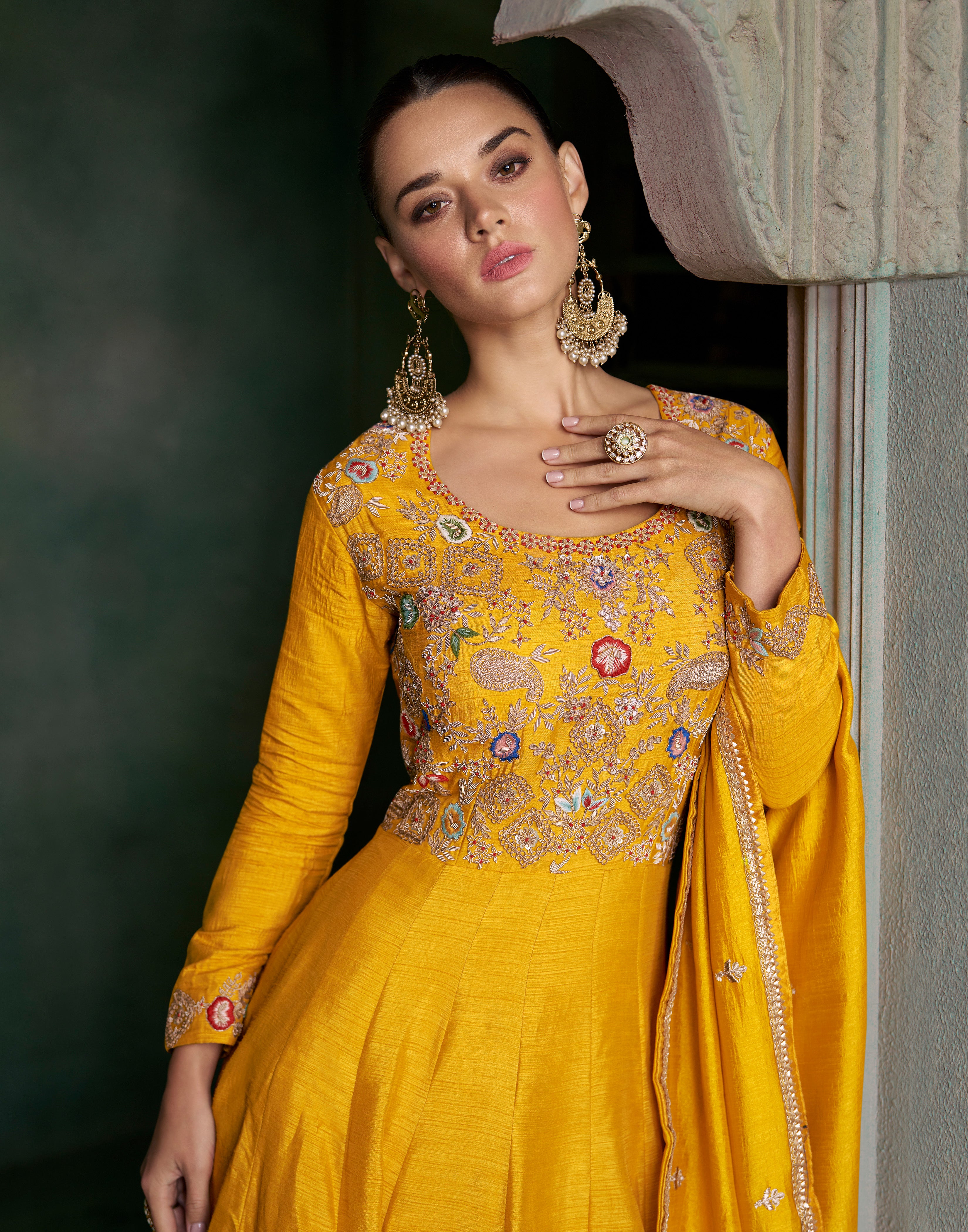 Designer Yellow Embroidered Anarkali Dress with detailed thread work and lace | designer dress | anarkali dress