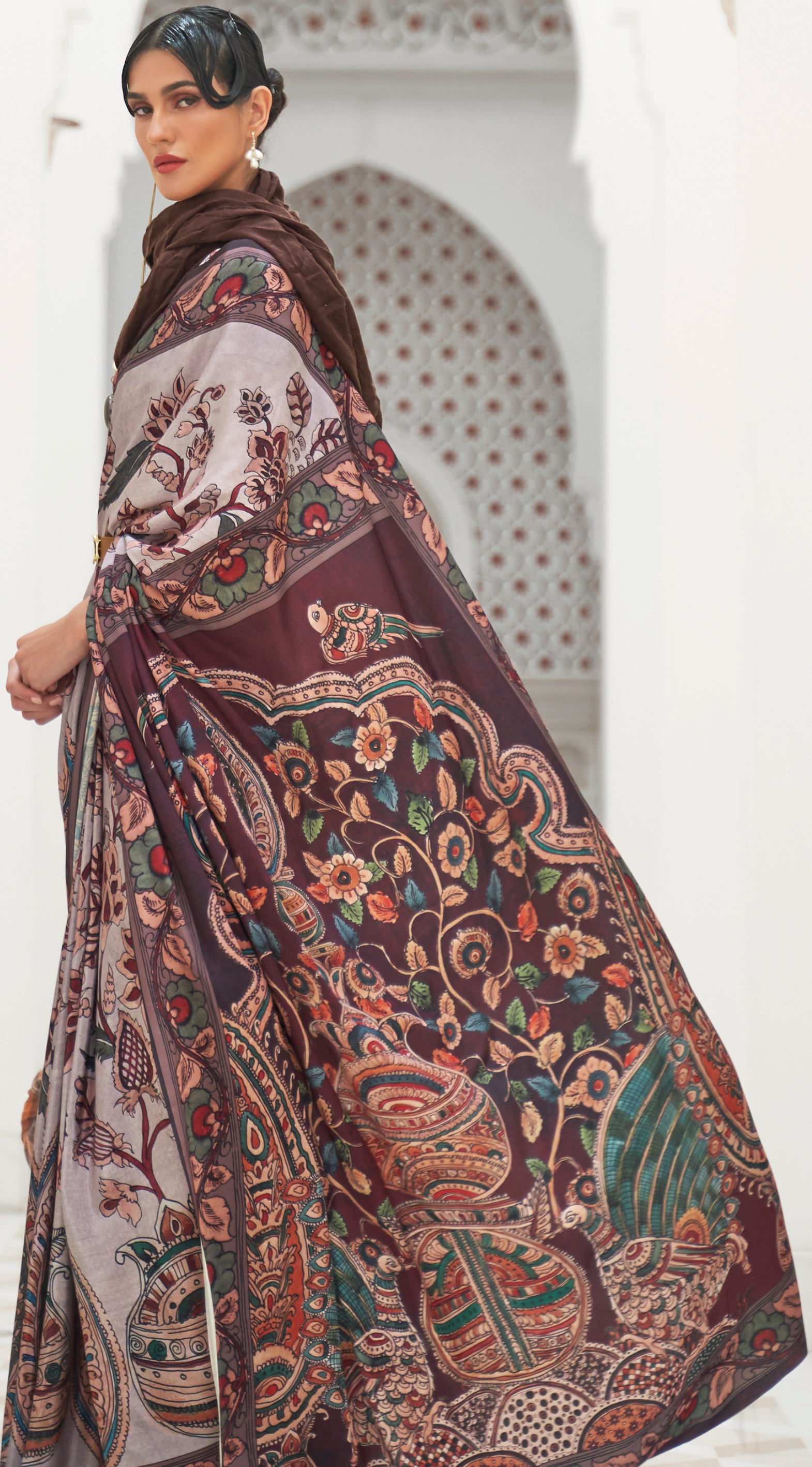 Light brown Floral Inspired Digital Printed Kalamkari Saree On pure silk crape