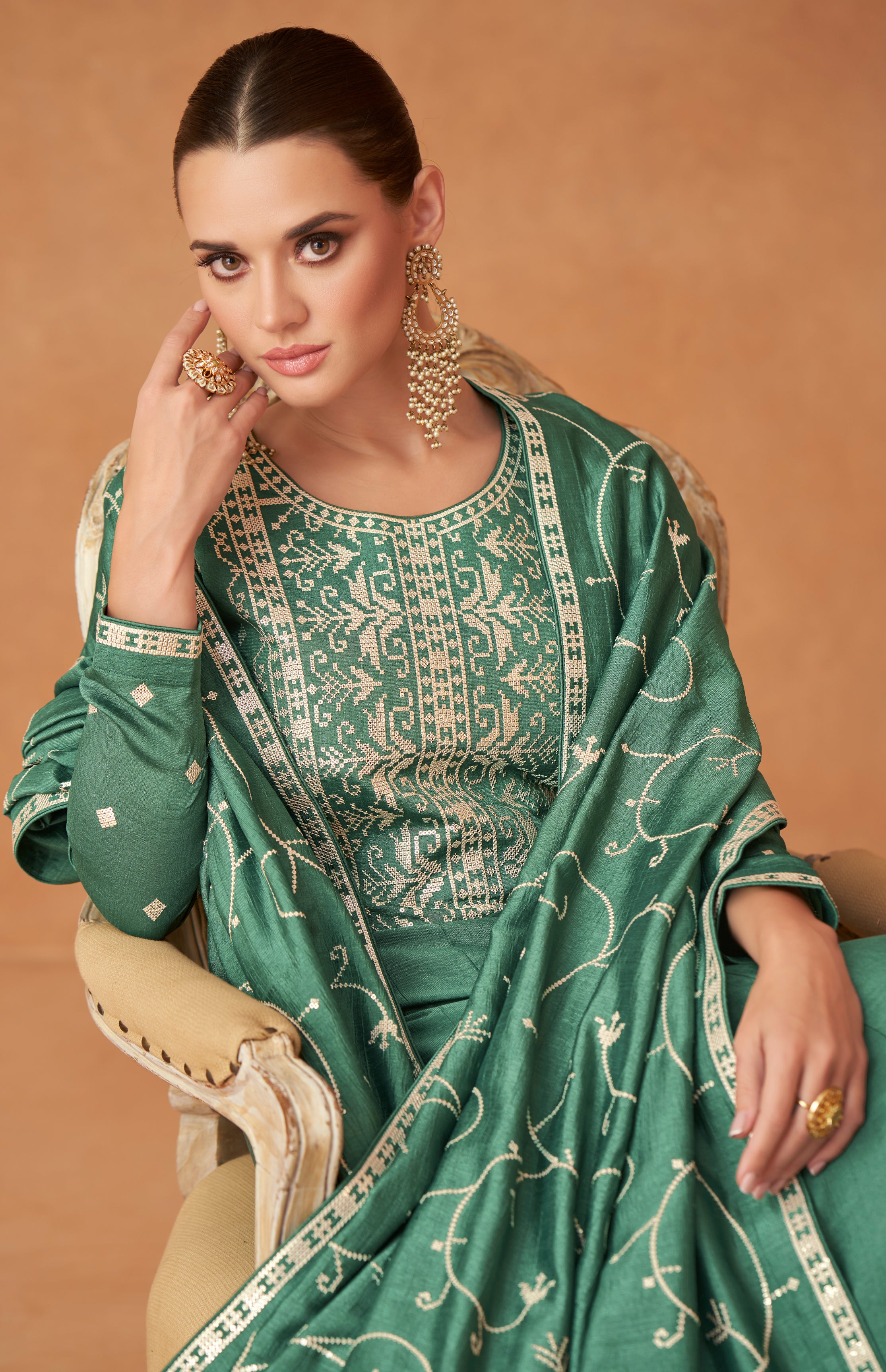 Designer dark green ankarkali dress gown in premium silk with detailed embroidery