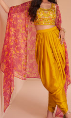 Exclusive handwork on viscose nylon Dhoti style yellow dress with floral shrug| unique dress indian wear