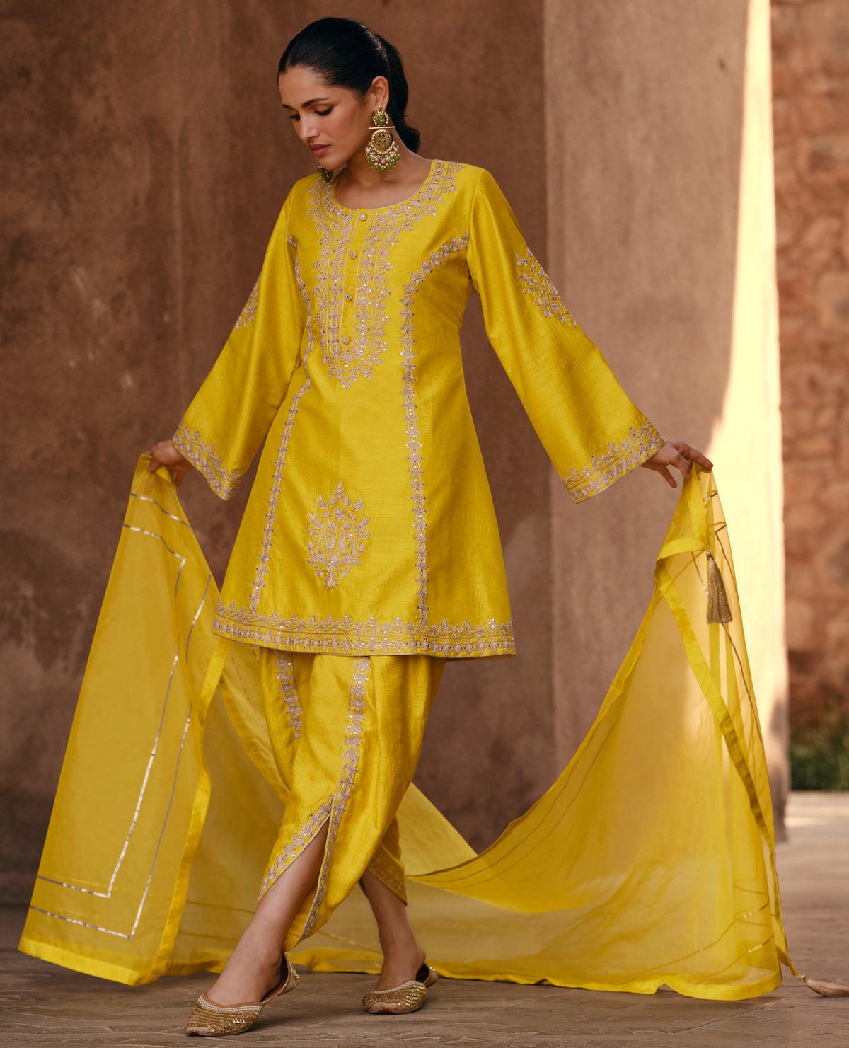 Unique Designer Pure Chinon yellow Dress with detailed embroidery Sharara