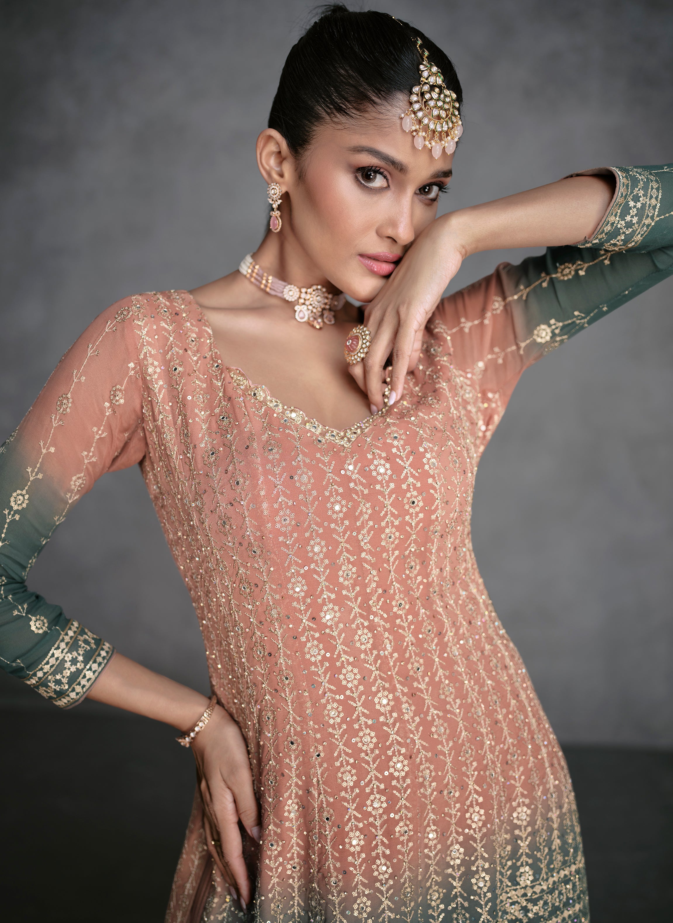 Pure georgette light shaded designer dress with detailed embroidery, thread work