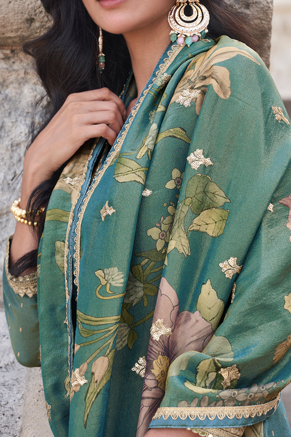 Premium Chinon Silk Designer peacock feather Shaded Dress With Detailed Embroidery and Work