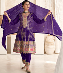 Exclusive Purple Pure Silk Designer Flared Salwar Suit with Detailed Embroidery | Salwar Kameez | Designer Dress