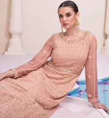 Elegant Designer Peach Lucknowi Embroidered Anarkali Dress with contrasting Organza Dupatta | Dress for all Occasion | Anarkali Dress