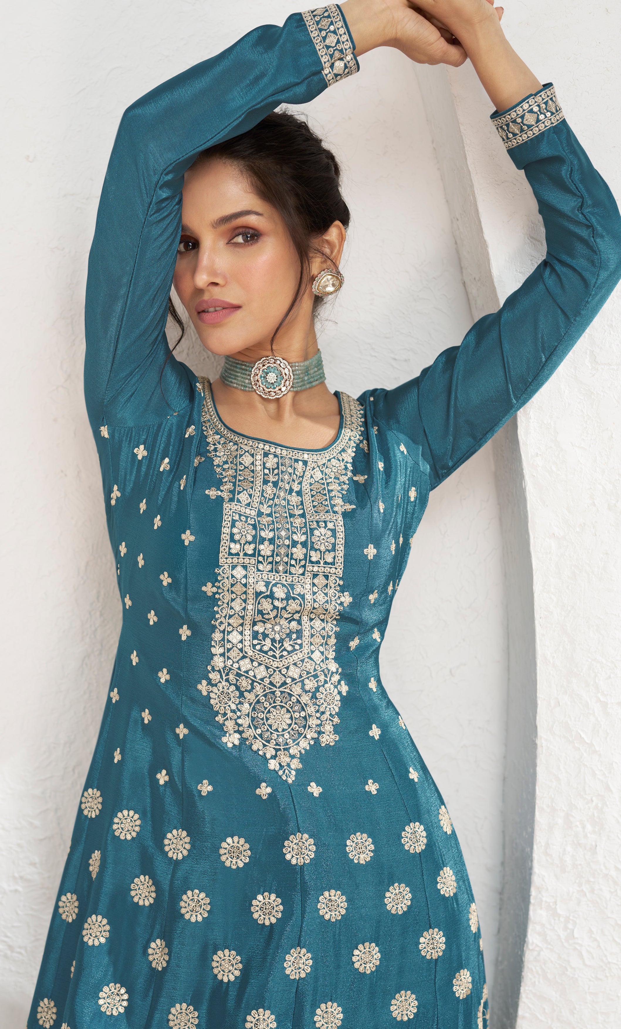 Premium Chinon silk designer Blue shaded dress with detailed embroidery and work