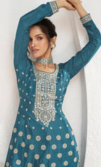 Premium Chinon silk designer Blue shaded dress with detailed embroidery and work