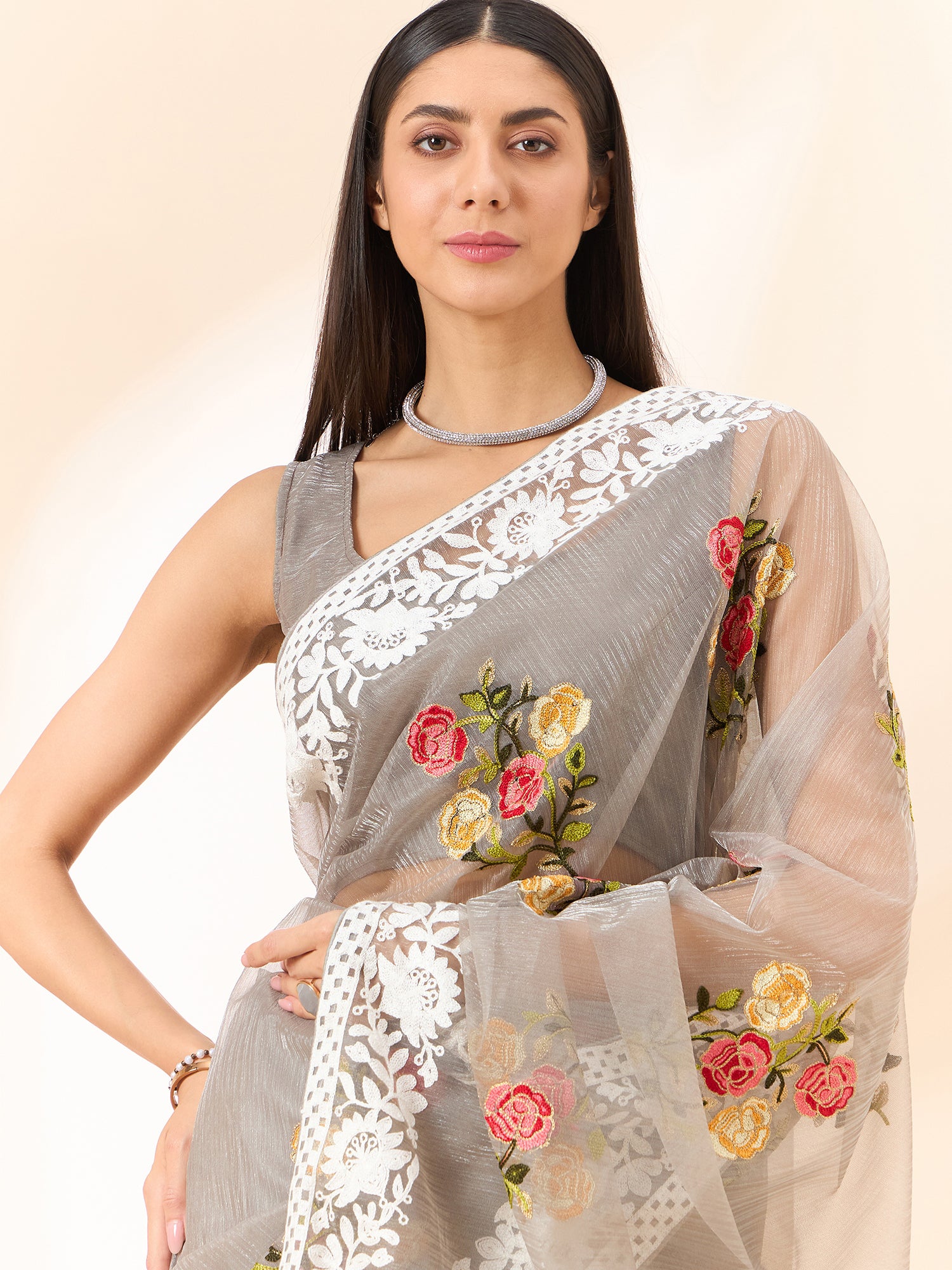 Latest light Gray shaded organza saree with detailed embroidery and floral inspired design saree for all occasion