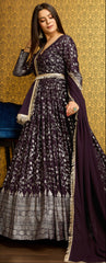 Exclusive Designer Wine Gown on georgette with detailed metallic foil work and handwork on neck