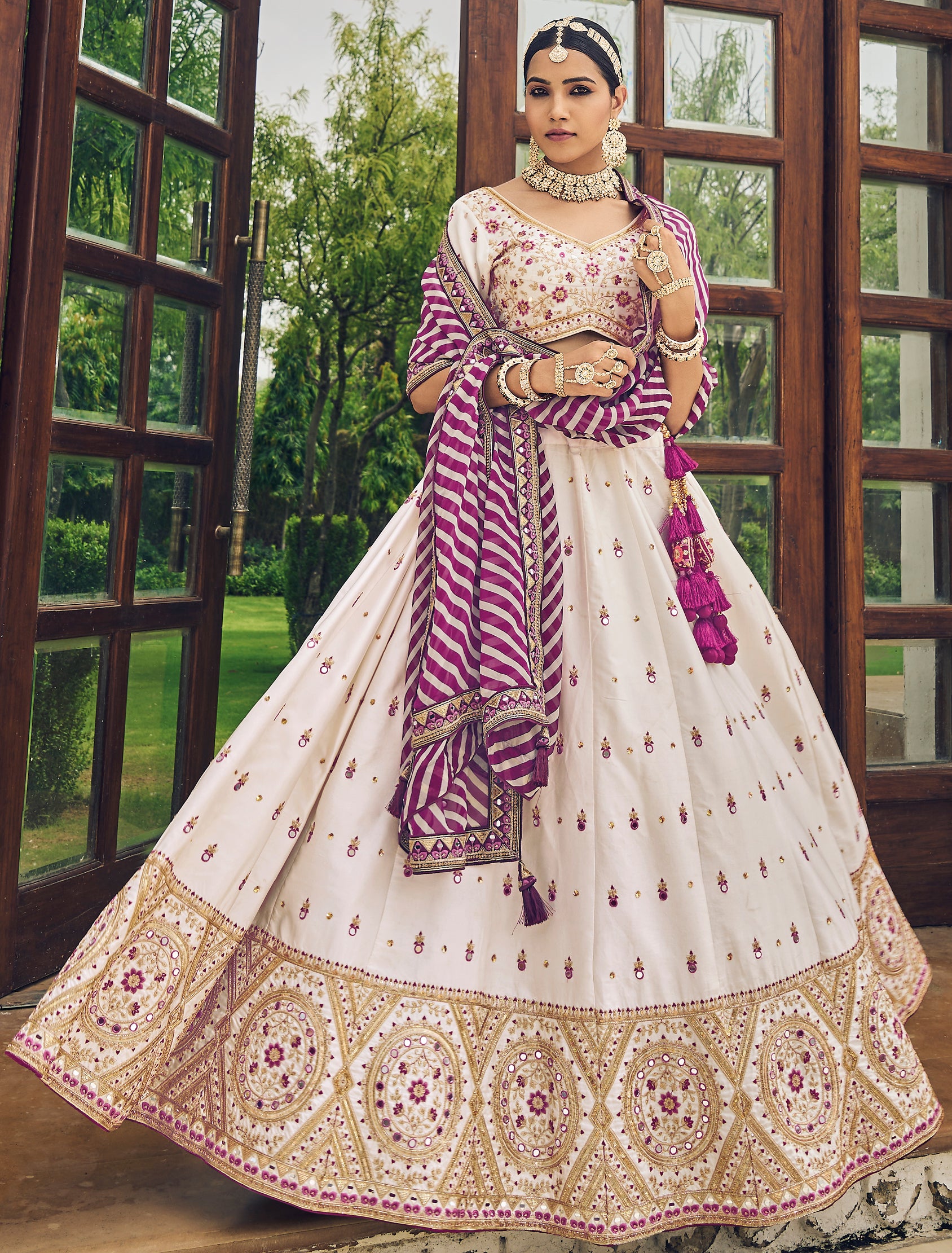 Designer White Lehenga on viscos and Gaji Siburi duppatta with detailed embroidery and hand work