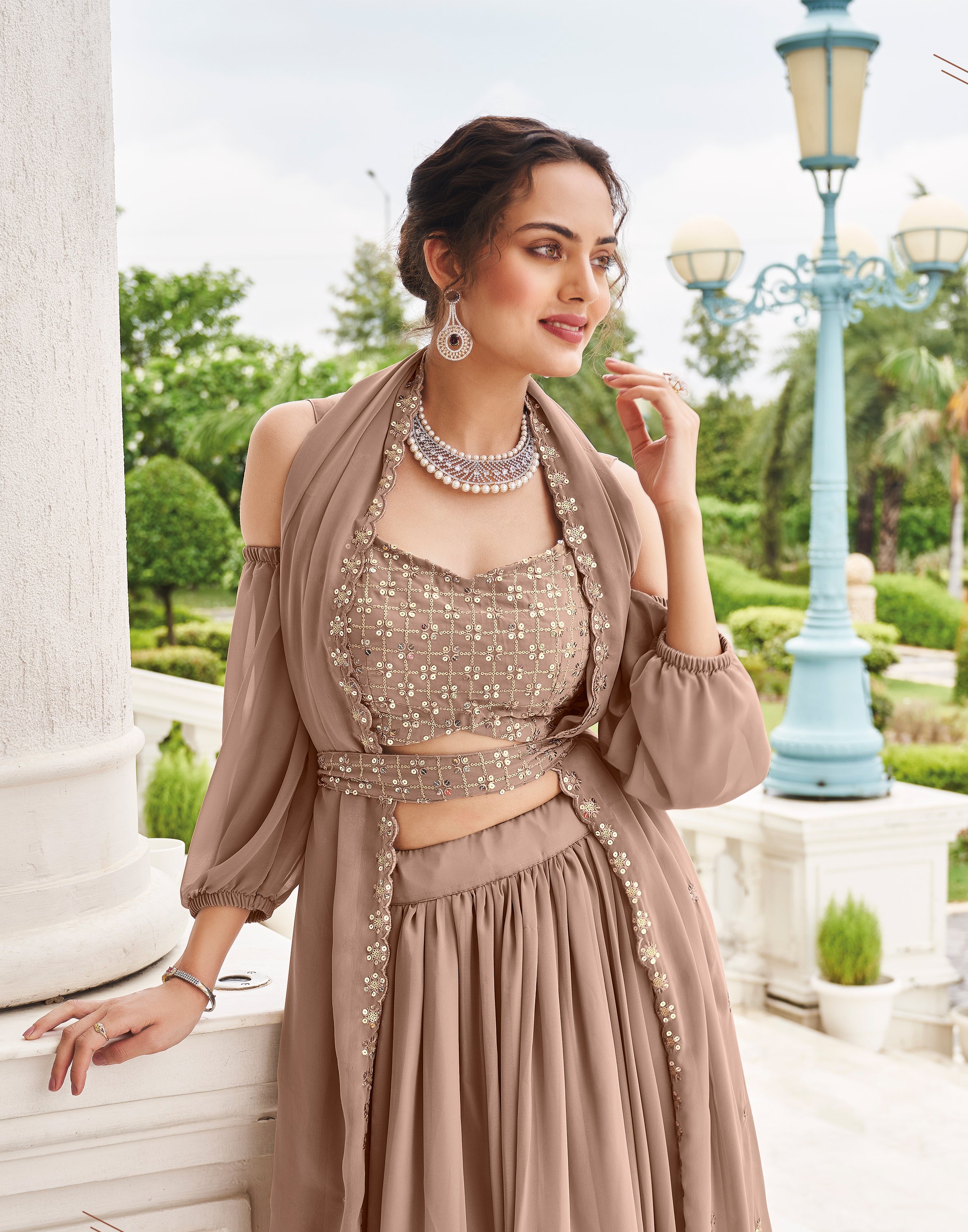 Premium brown indo western with detailed embroidery on pure georgette and sharara style | indo western style | bollywood style