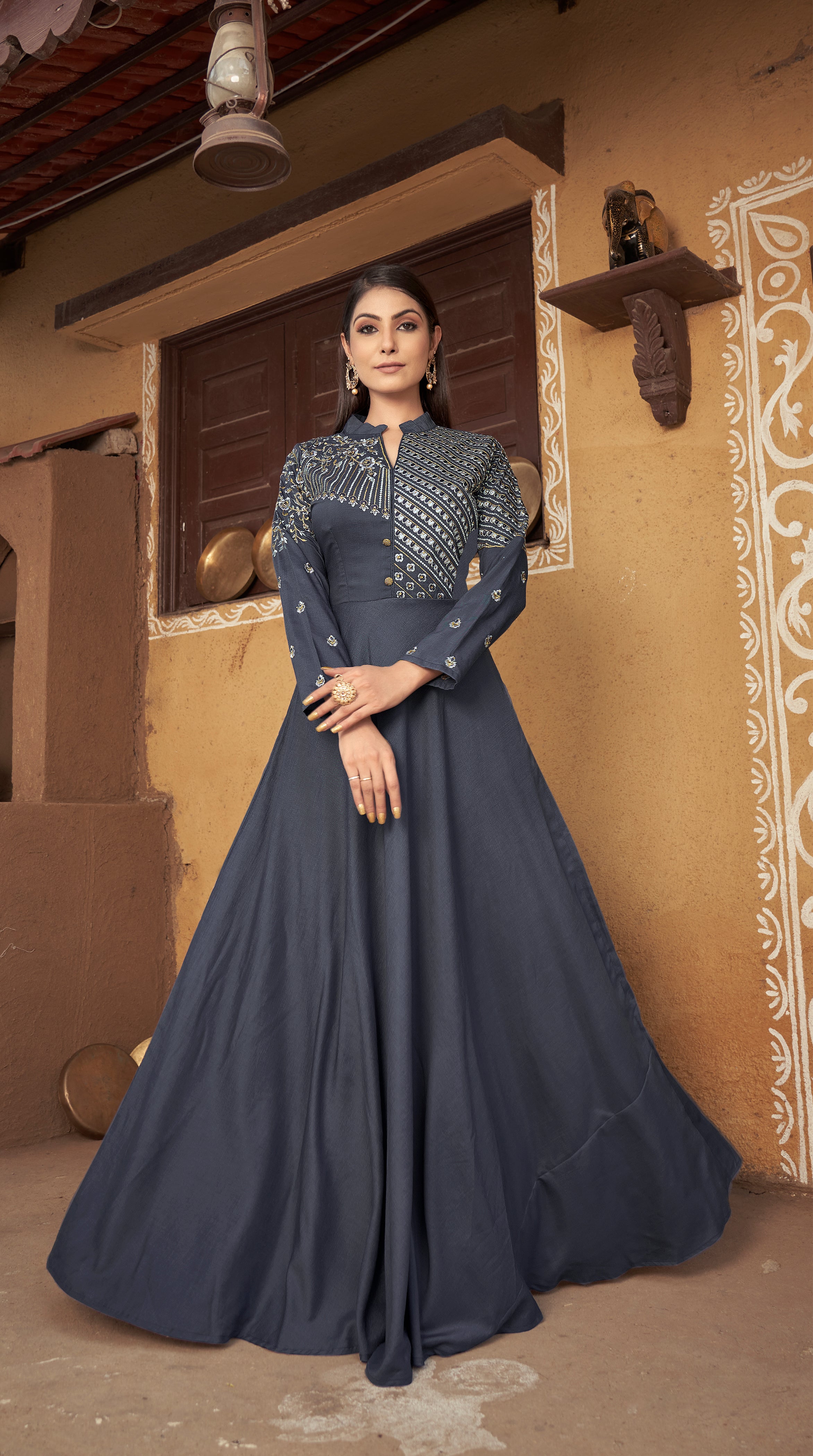 Gray Designer Gown on heavy maslin and embroidery