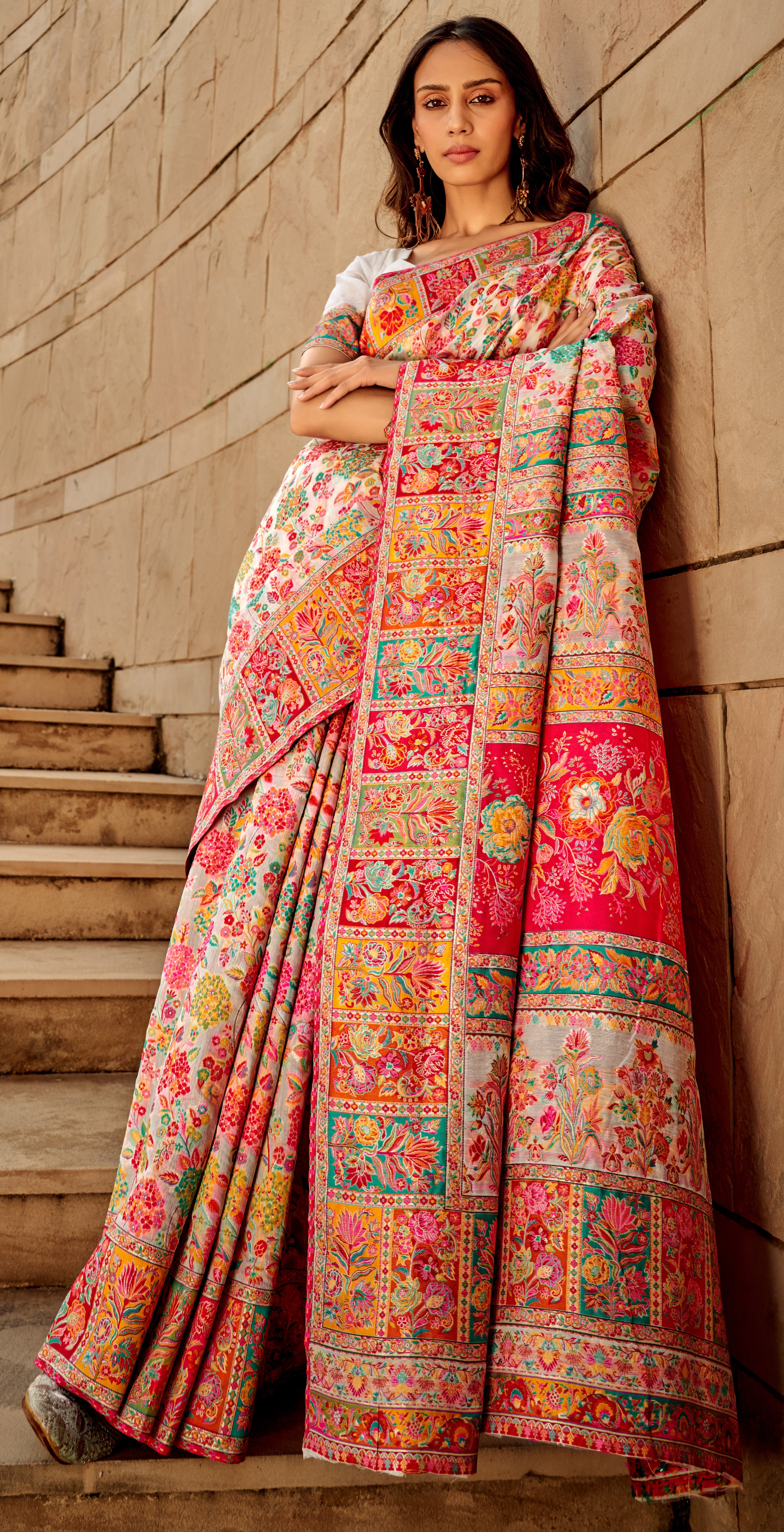 Kashmiri saree exclusive light shaded collection with detailed kashmiri inspired work on modal kashmiri fabric