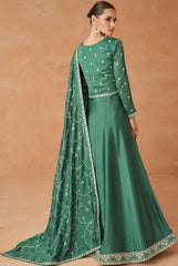 Designer dark green ankarkali dress gown in premium silk with detailed embroidery