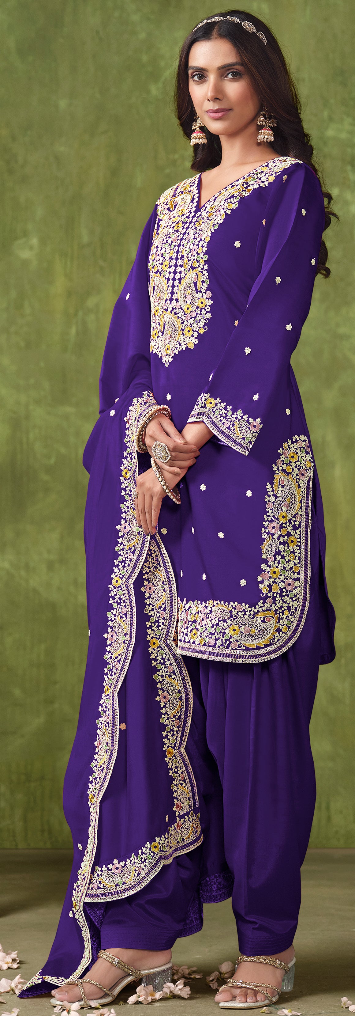 Designer Dark Purple pure silk Patiala Suits with deatiled embroidery work