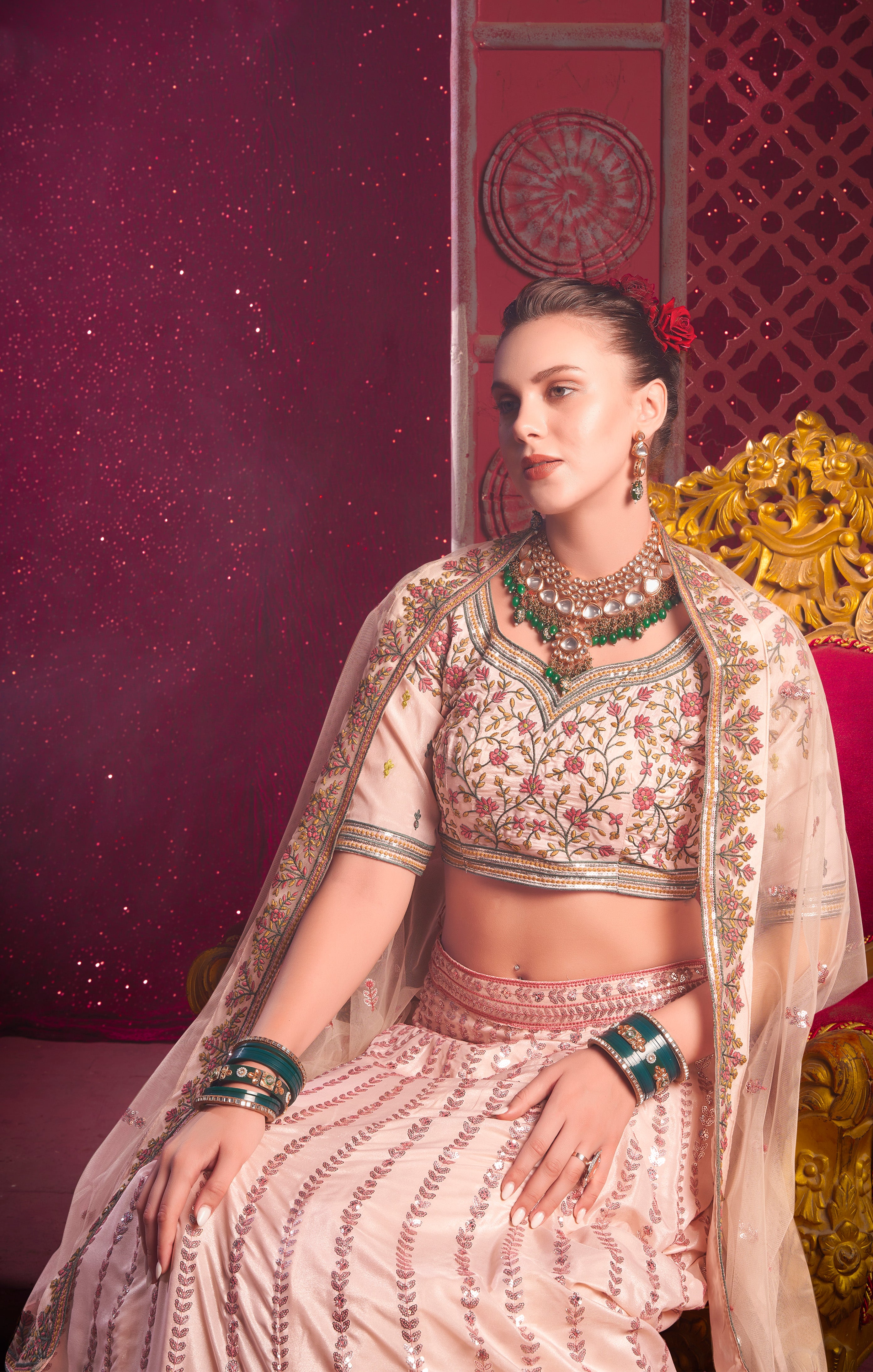 Designer exclusive light pink shaded lehenga on silk with Sequence & Thread Embroidery Work