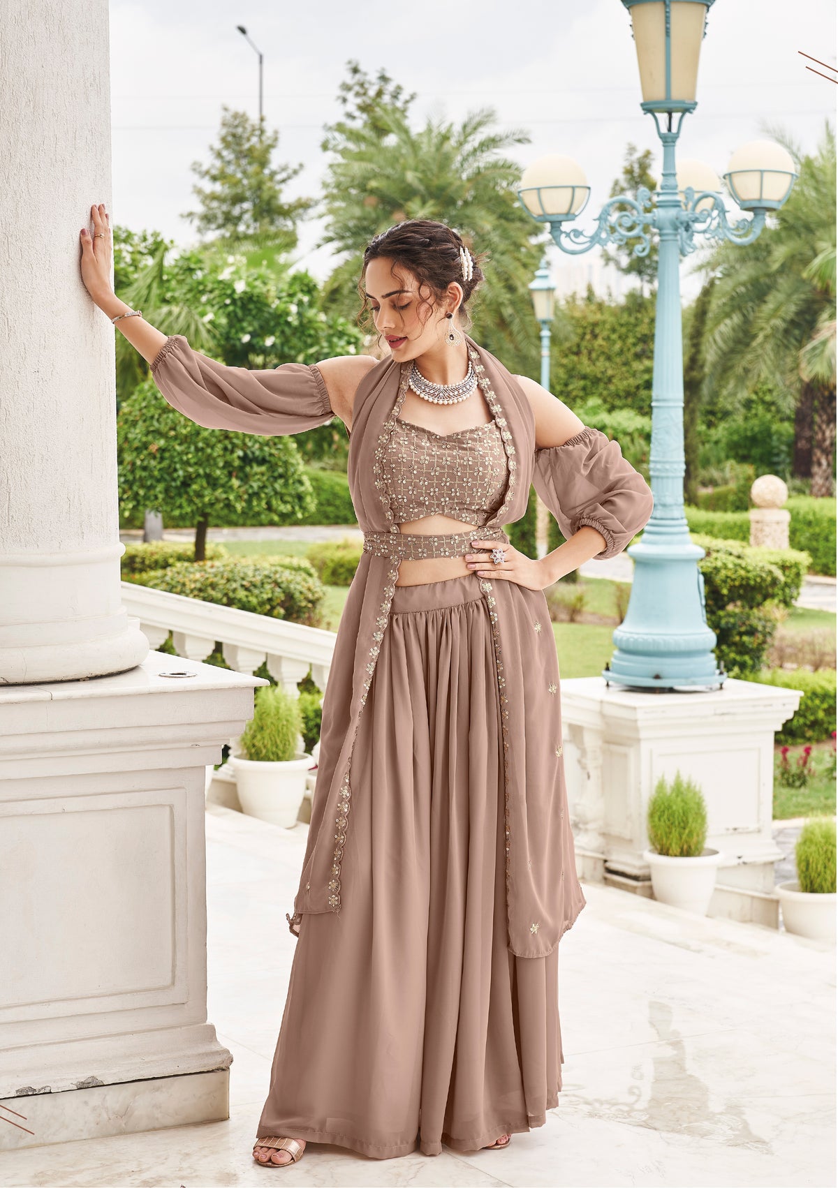 Premium brown indo western with detailed embroidery on pure georgette and sharara style | indo western style | bollywood style