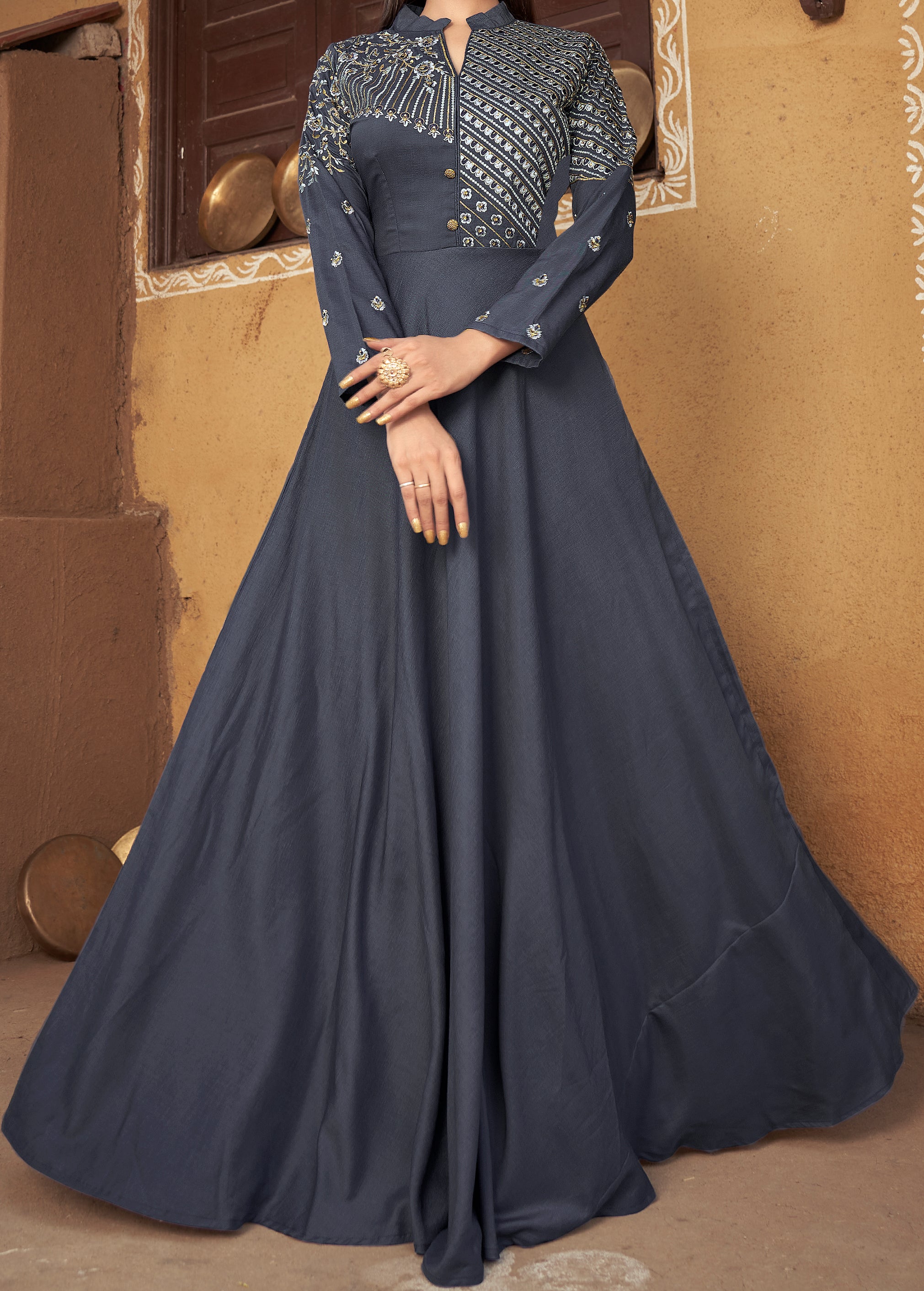 Gray Designer Gown on heavy maslin and embroidery