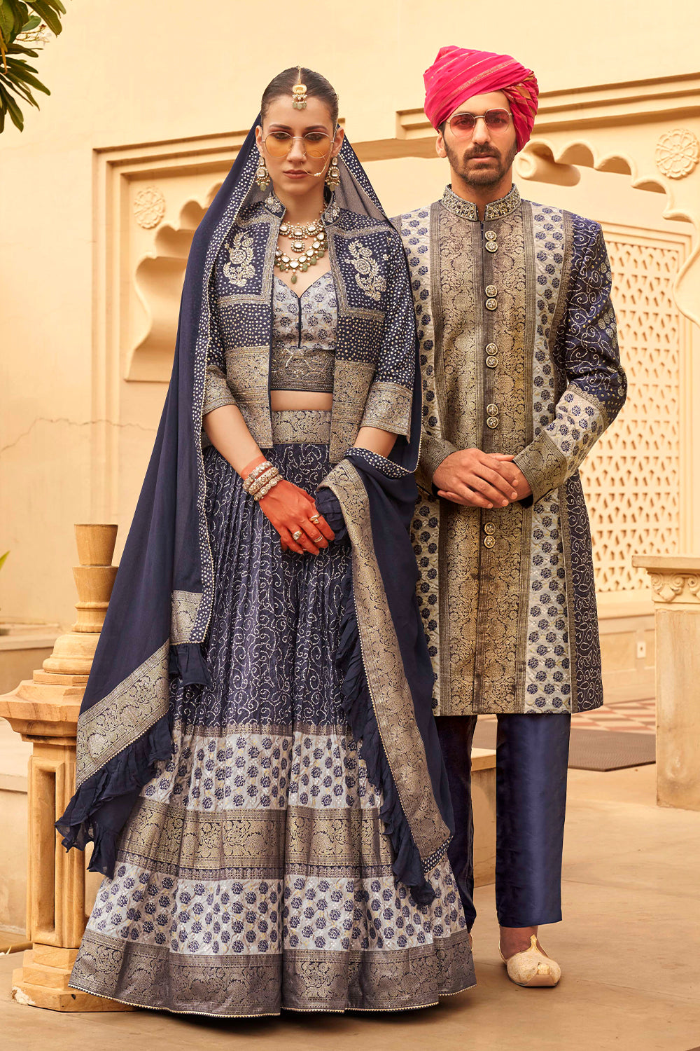 Exclusively for couple combo Blue designer outfit in pure pv silk and foil print with detailed hand mirror work