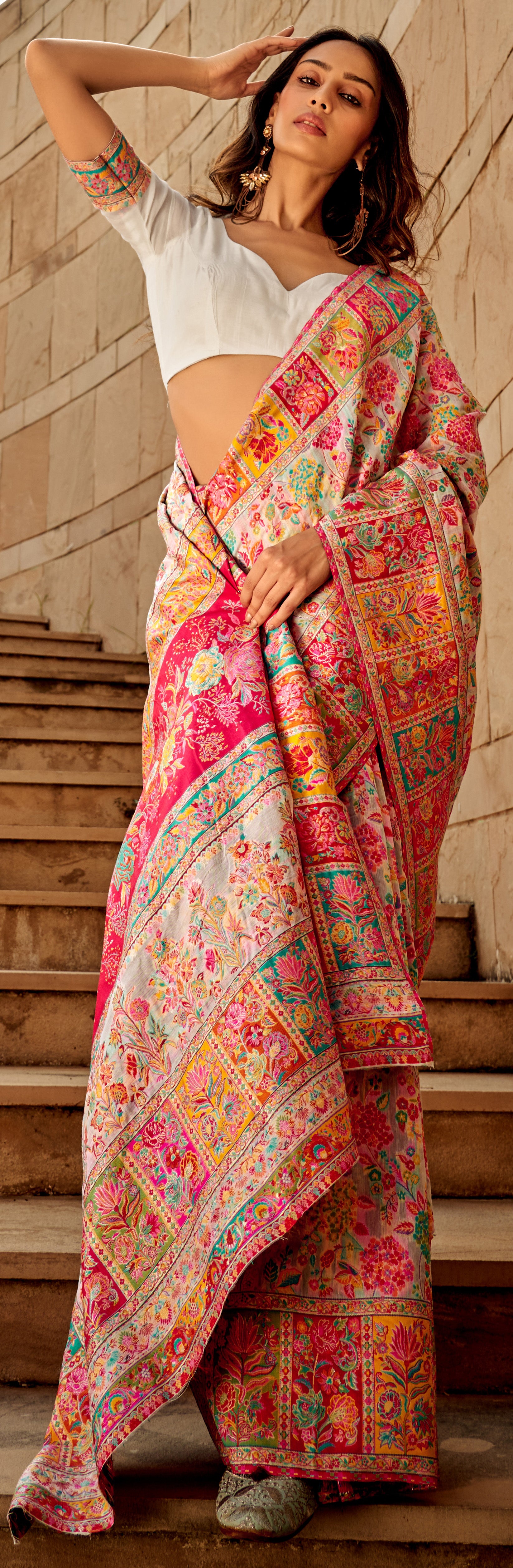 Kashmiri saree exclusive light shaded collection with detailed kashmiri inspired work on modal kashmiri fabric