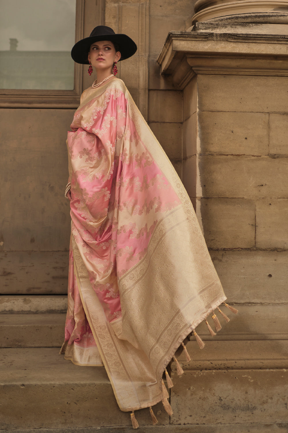 Handloom weaving designer satin silk saree with detailed indian inspired design