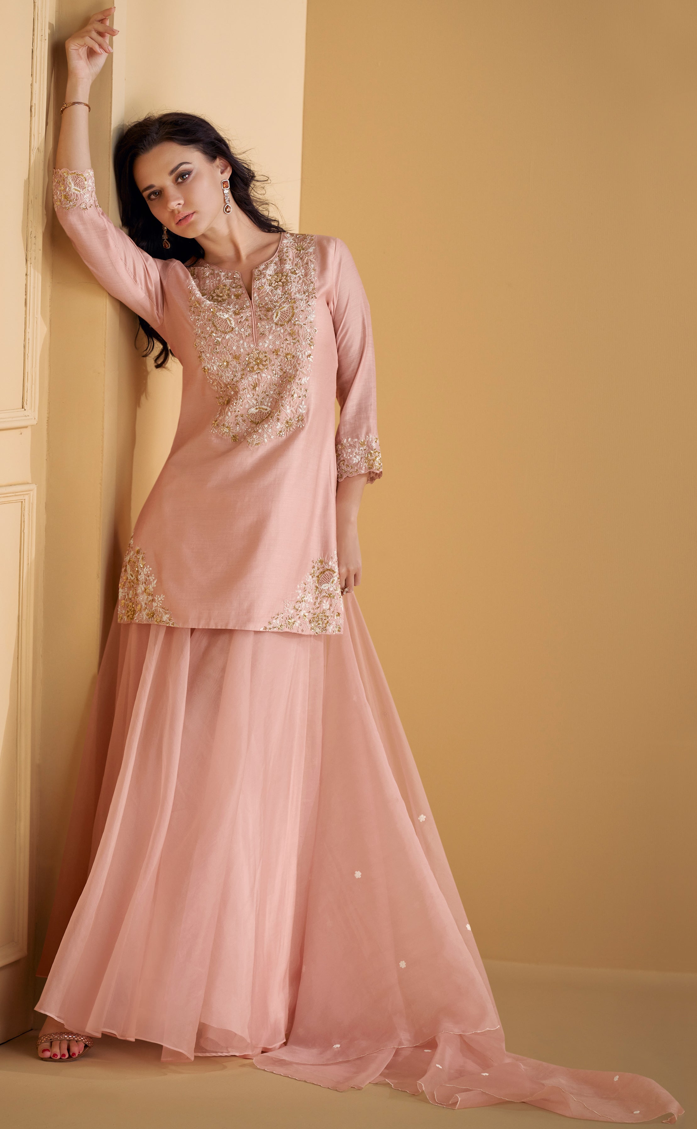 Designer Baby pink Green exclusive Sharara dress with detailed embroidery