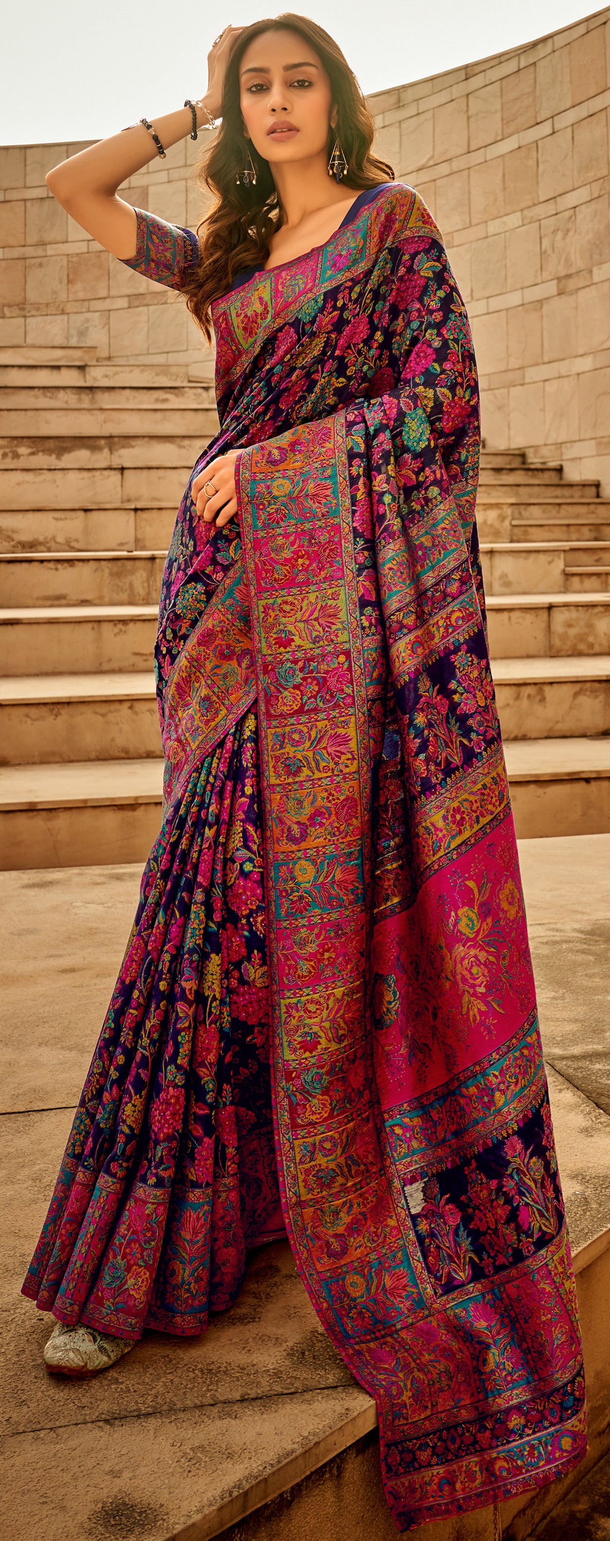 Kashmiri saree exclusive light shaded collection with detailed kashmiri inspired work on modal kashmiri fabric