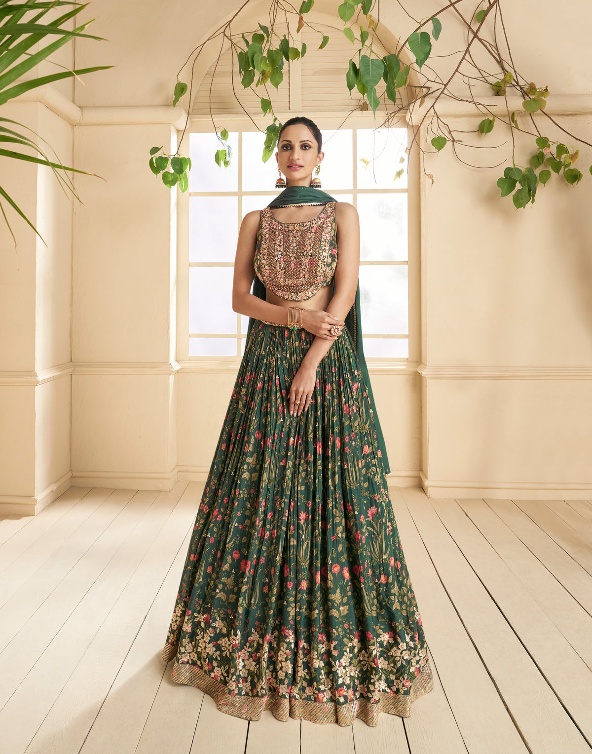 Bollywood style Green Georgette lehenga with floral inspired embroidered lehenga with Duppatta