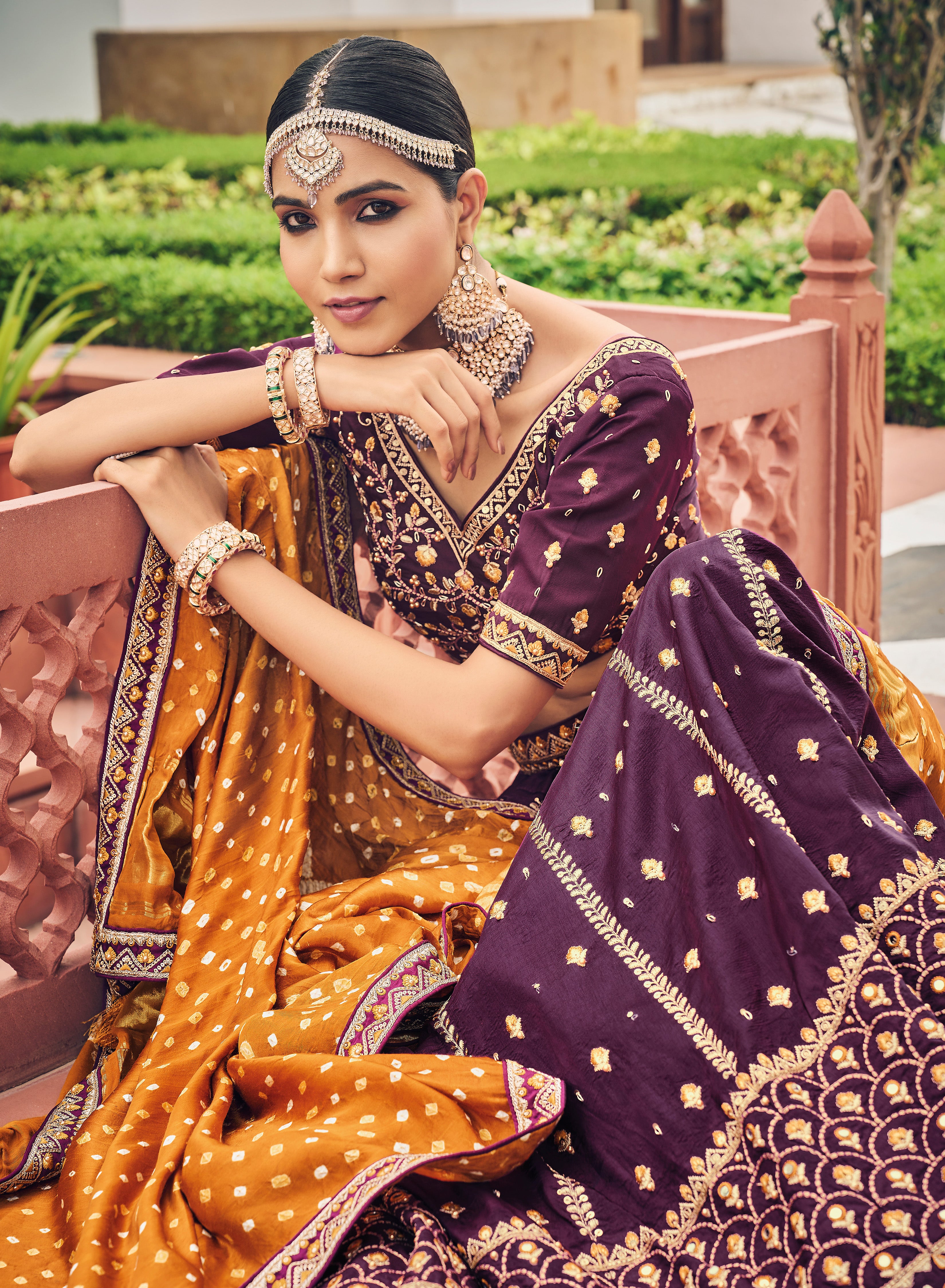 Designer violet magenta Lehenga on viscos and bandhej duppatta with detailed embroidery and hand work