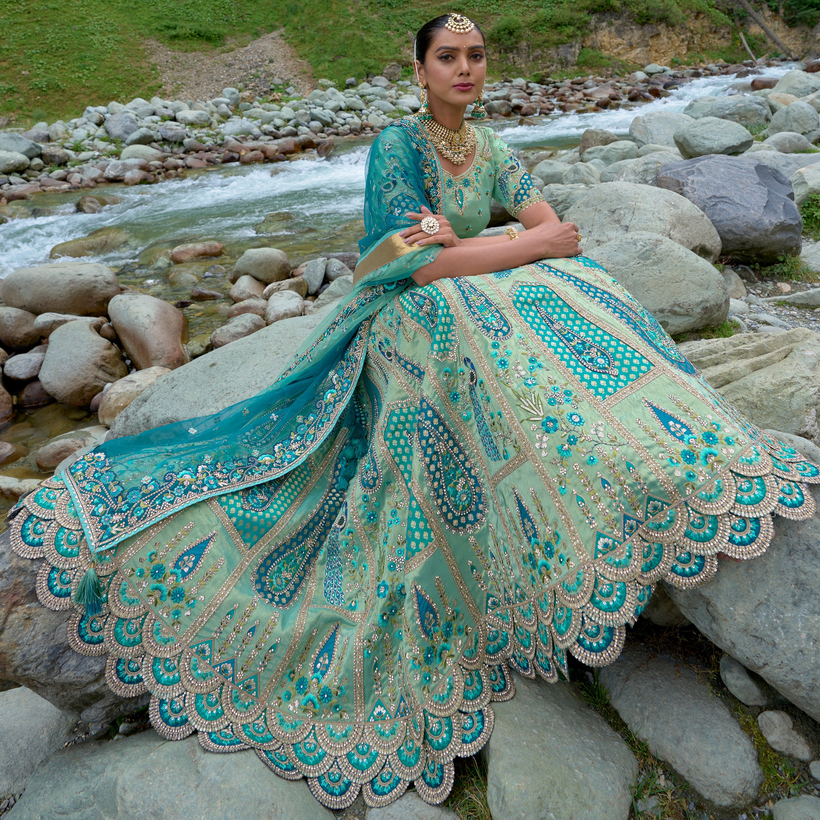 Contrasting Designer light blue lehenga on viscose with Zari, Hand, Thread, embroidery detailed work indian aspired work