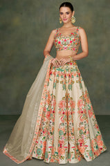 Contrasting silk designer lehenga with detailed embroidery work dupata in net