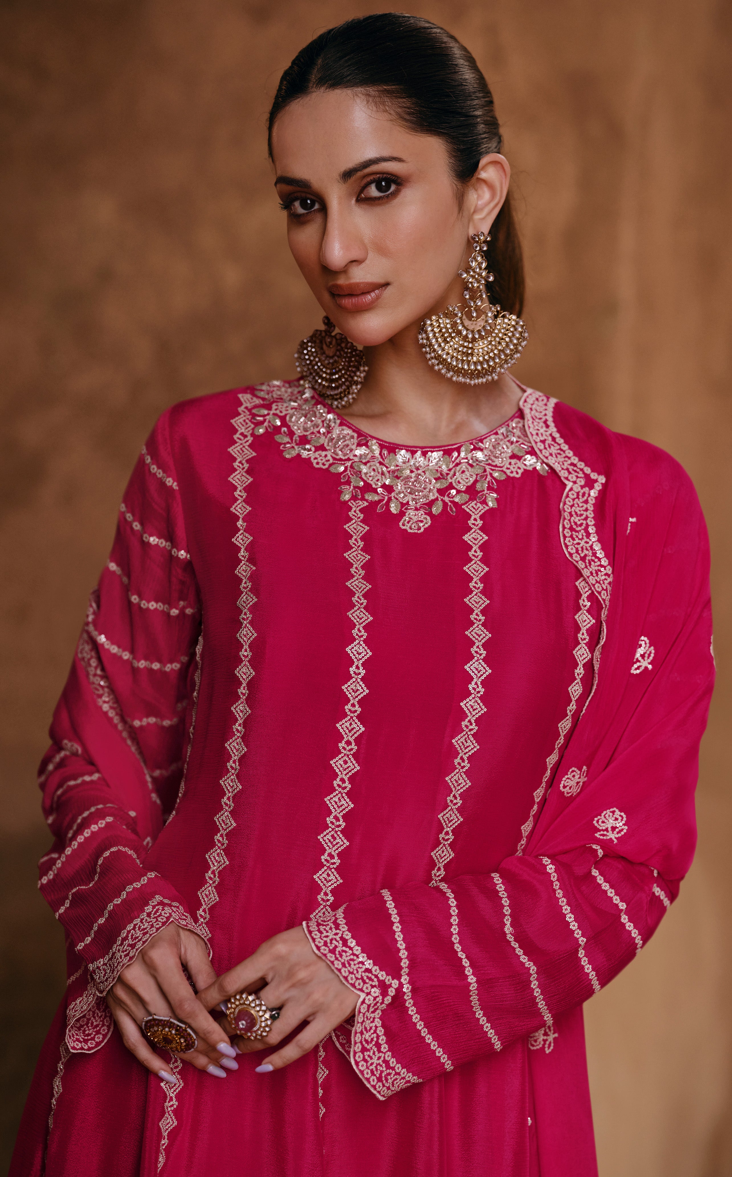 Unique Designer Pure Chinon Dark Pink Dress with detailed embroidery Sharara