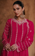 Unique Designer Pure Chinon Dark Pink Dress with detailed embroidery Sharara