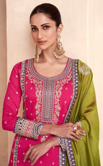 Designer Pink contrasting pure silk dress with deatiled embroidery work