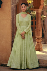 Designer pastel shaded green pure georgette dress with detailed Lucknowi embroidery dress gown