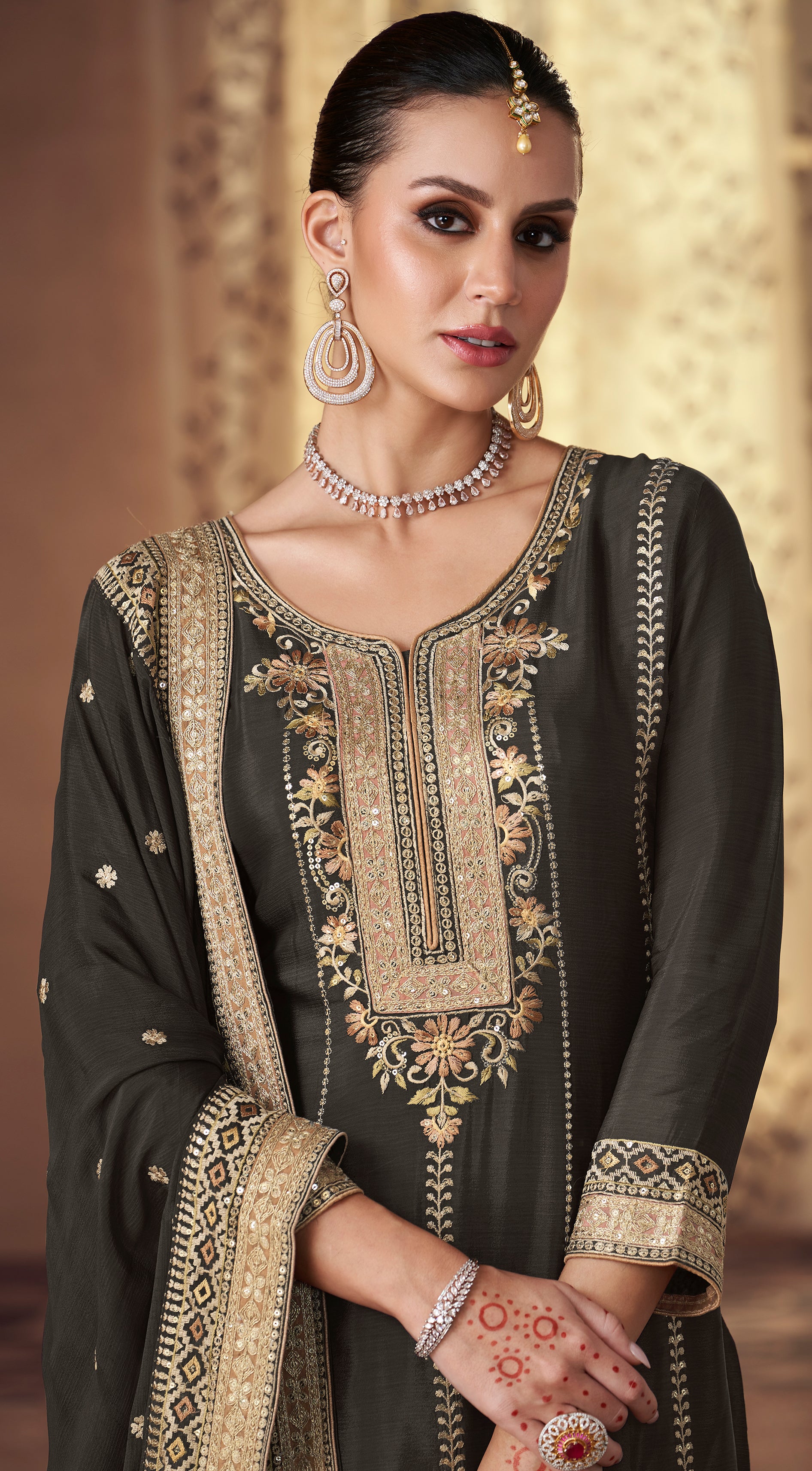 Exclusive black pure chinon dress with detailed work of embroidery, thread work