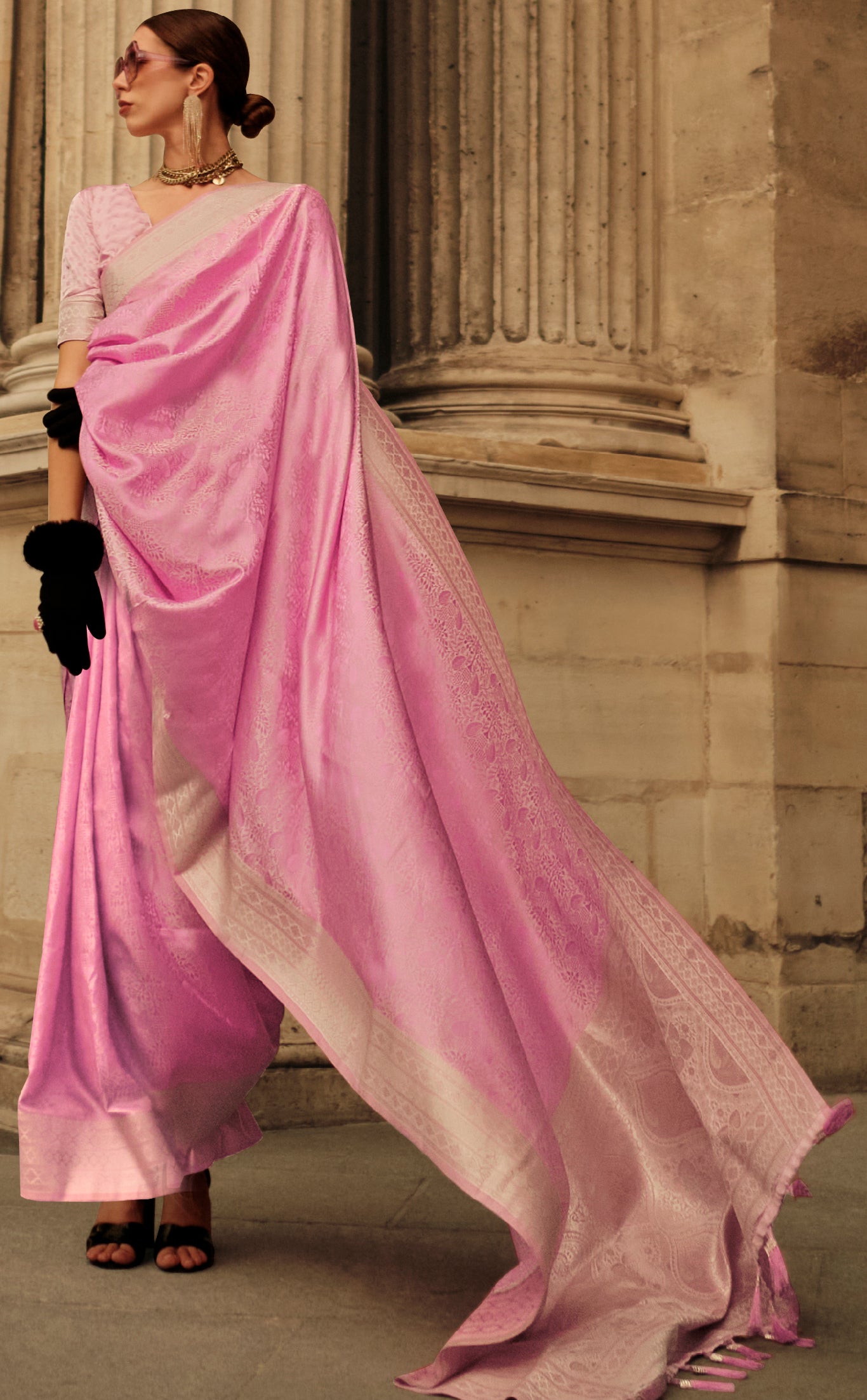 Exclusive light pink  shaded designer pure satin handloom weaving saree | weaved saree