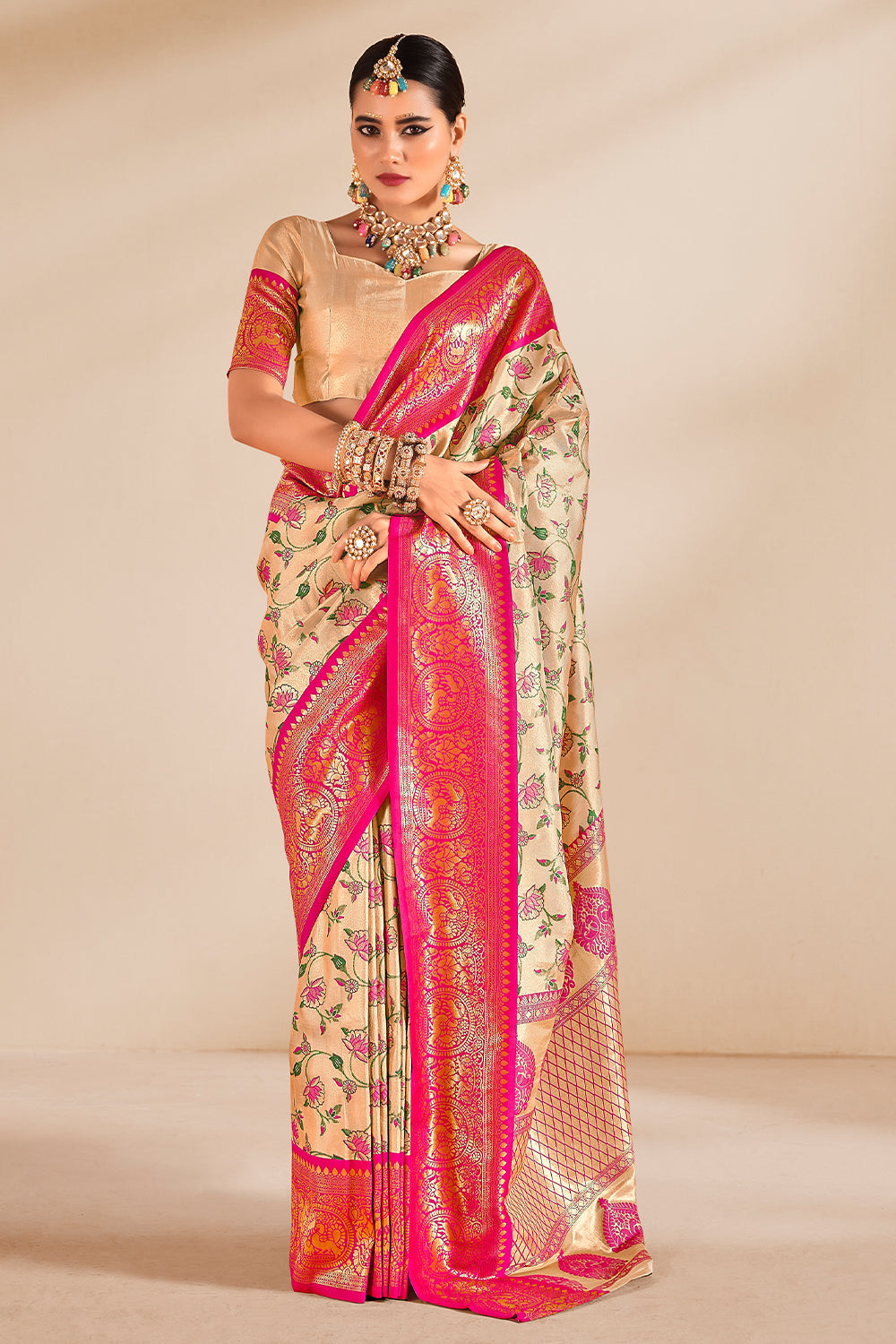 South Indian Pink & Cream Contrast Pure Dharmavaram Silk Designer Saree