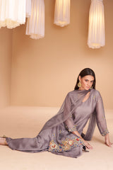 Pastel Purple Pure organza silk dress with net duppata and minimul work