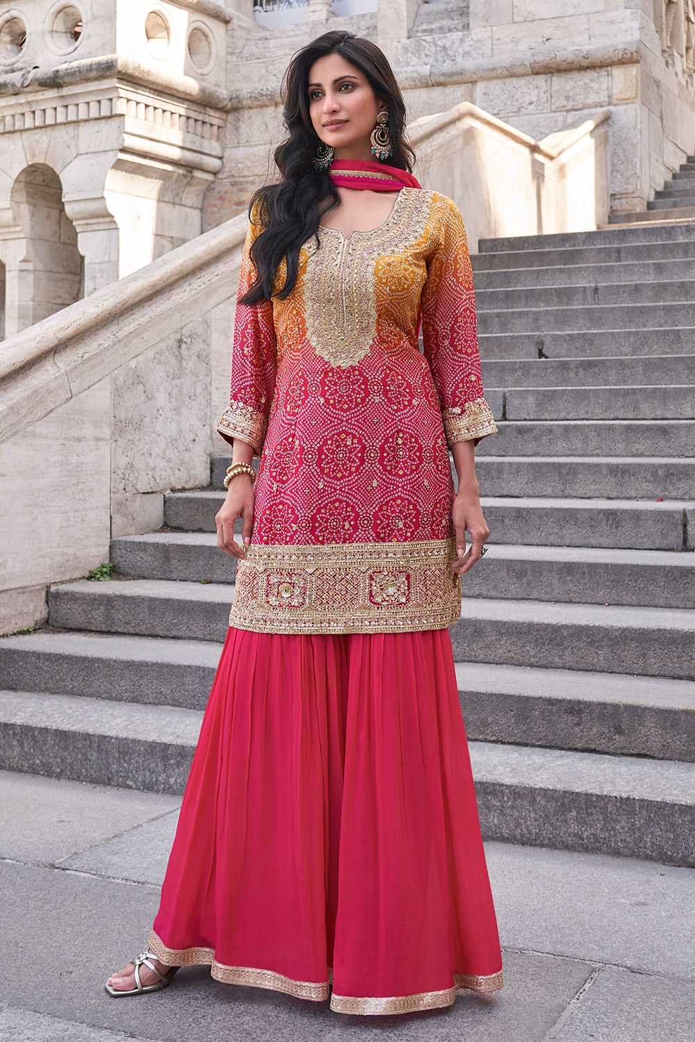 Premium Chinon Silk Designer Rani Pink Shaded Dress With Detailed Embroidery and Work