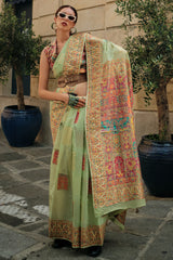 Exclusive contrasting Pastel Green kashmiri pallu handloom weaving saree on kashmiri modal fabric